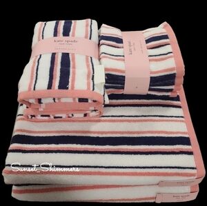 8PC KATE SPADE Bath Hand Washcloth Towel Set Pink Navy & White Stripes New